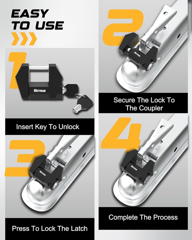 RETRUE Cyber Lock™ Heavy Duty Trailer Coupler Lock, Upgraded Trailer Lock with Extra Wide 1.2" Span & 1/4" Diameter, Anti-Theft Tongue Locks for RVs, Boats,Trucks –Tow Hitch Security Accessory-Black - Image 4